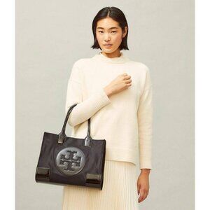 Tory Burch Mini Ella Patent Tote Black Nylon in Black T Logo Carryall Weekender